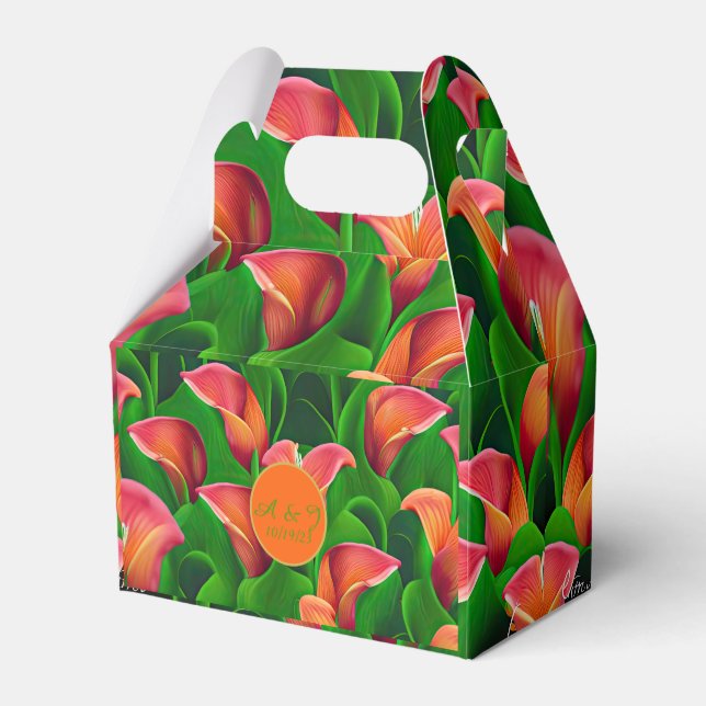 Stylish Orange Calla Lilies and Green Botanicals  Favour Box (Front Side)