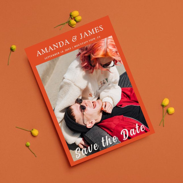 Stylish Orange Couple Full Photo Save The Date Invitation (Creator Uploaded)