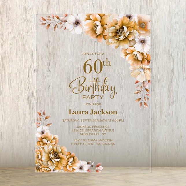 Stylish Orange Floral 60th Birthday Party Acrylic Invitations (Creator Uploaded)