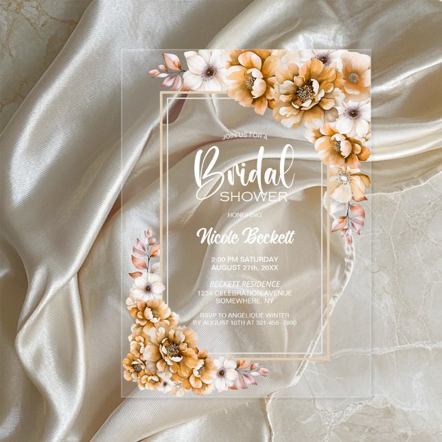 Stylish Orange Floral Bridal Shower Acrylic Invitations (Creator Uploaded)