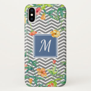 Stylish Orange Floral Chevron Chic Blue Monogram iPhone X Case