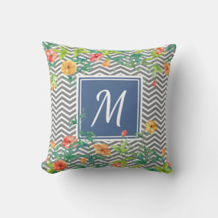 Stylish Orange Floral Chevron Chic Blue Monogram Cushion