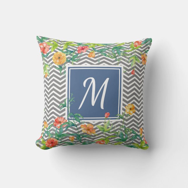 Stylish Orange Floral Chevron Chic Blue Monogram Cushion (Front)