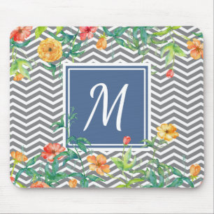 Stylish Orange Floral Chevron Chic Blue Monogram Mouse Pad
