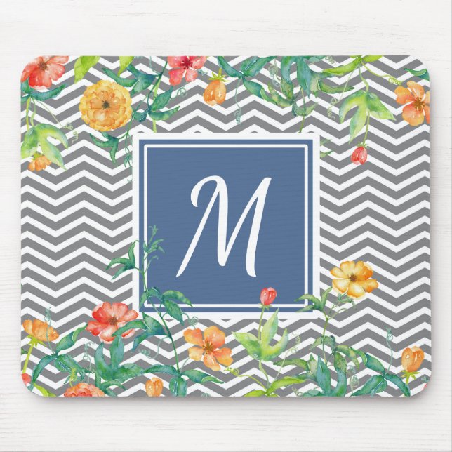 Stylish Orange Floral Chevron Chic Blue Monogram Mouse Pad (Front)