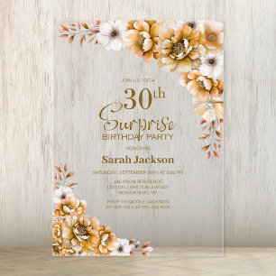 Stylish Orange Floral Surprise 30th Birthday Party Acrylic Invitations