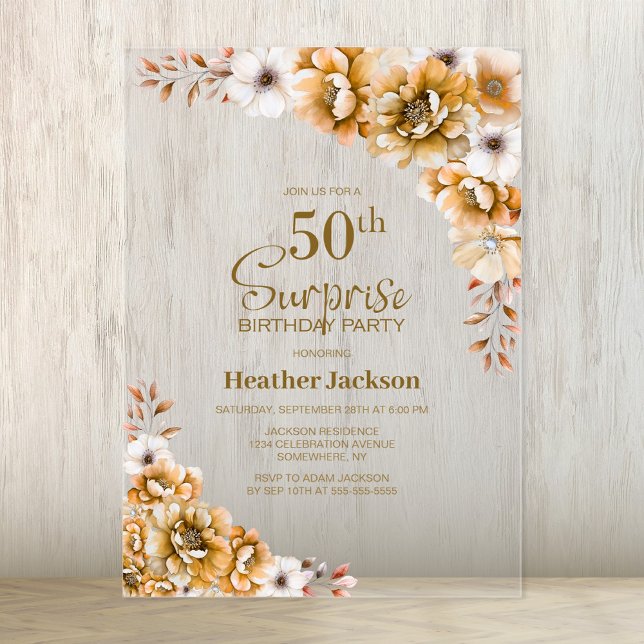 Stylish Orange Floral Surprise 50th Birthday Party Acrylic Invitations (Creator Uploaded)