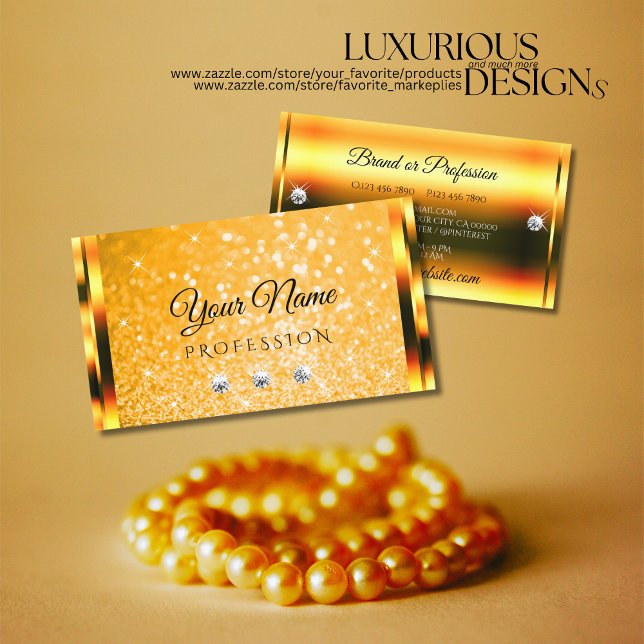 Stylish Orange Glitter Luminous Stars and Diamonds Business Card (Creator Uploaded)