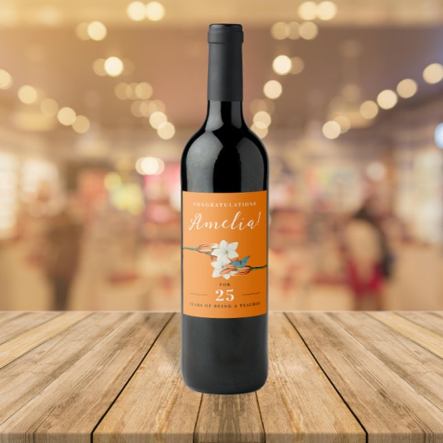 Stylish Orange Lily Retro Anniversary Floral  Wine Label (Creator Uploaded)