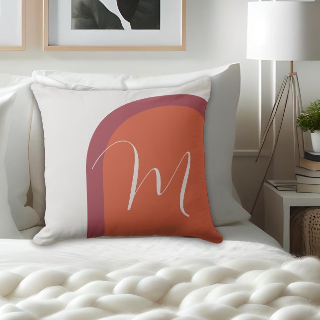 Stylish Orange Magenta Pink Arch with Monogram Cushion (Personalize this stylish throw pillow with your monogram initial.)