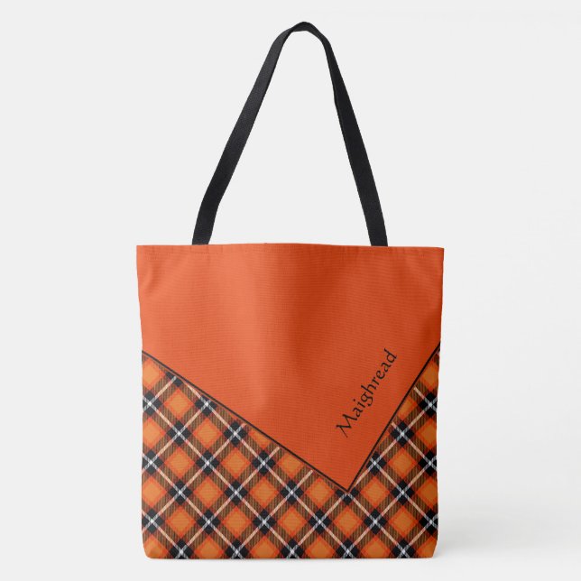 Stylish Orange Plaid Faux Fold Over Personalised Tote Bag (Front)