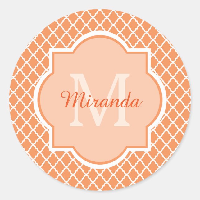 Stylish Orange Quatrefoil Monogram With Name Classic Round Sticker (Front)