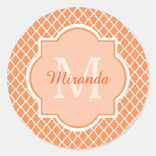 Stylish Orange Quatrefoil Monogram With Name Classic Round Sticker