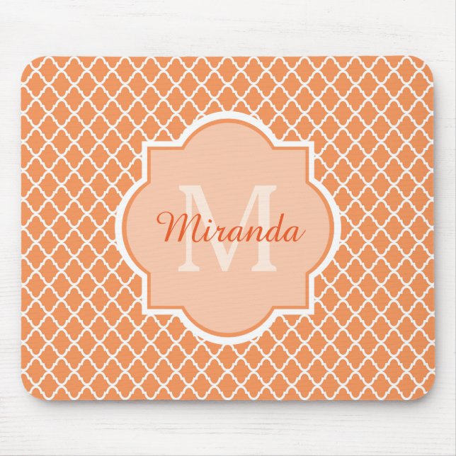 Stylish Orange Quatrefoil Monogram With Name Mouse Pad (Front)
