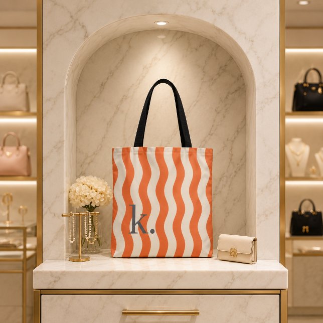 Stylish Orange Wavy Stripes with Your Monogram Tote Bag (Creator Uploaded)