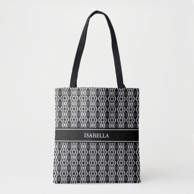 Stylish oval geometric shape in black & white tote bag (Front)
