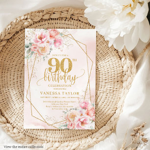 Stylish Pale Pink Gold Glitter Floral 90th Invite