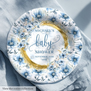 Stylish pastel blue flowers gold boho shower party paper plate