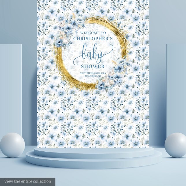 Stylish pastel blue flowers gold boy baby shower  tapestry (Stylish pastel blue flowers gold boy baby shower Tapestry )