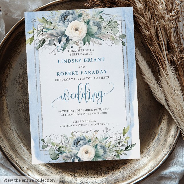 Stylish Pastel Blue White Silver Flowers Wedding  Invitation (Stylish Pastel Blue White Silver Flowers Wedding Invitation)