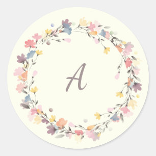 Stylish Pastel Floral Wreath Monogram Personalised Classic Round Sticker
