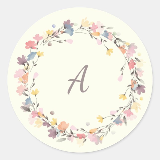 Stylish Pastel Floral Wreath Monogram Personalised Classic Round Sticker (Front)