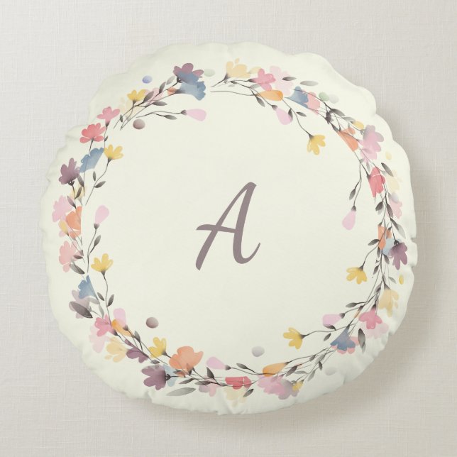 Stylish Pastel Floral Wreath Monogram Personalised Round Cushion (Front)