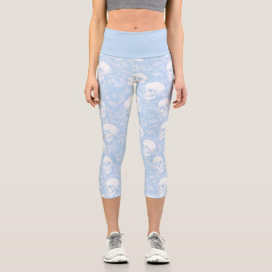 Stylish pastel goth sky blue skulls botanical capri leggings