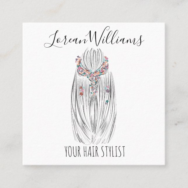 Stylish Pastel Hair Stylist Braid Hairstyle Flower Square Business Card (Front)