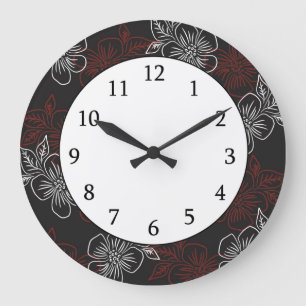 Stylish Pattern Red White Flowers On Black Large Clock
