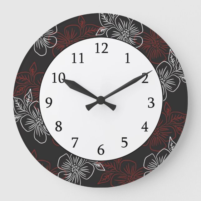 Stylish Pattern Red White Flowers On Black Large Clock (Front)