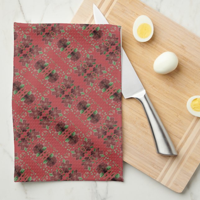Stylish patterned design with burgundy tea towel (Quarter Fold)
