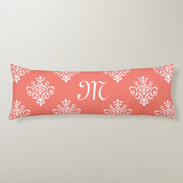 Stylish Peach Coral Damask Pattern With Monogram Body Cushion (Front)