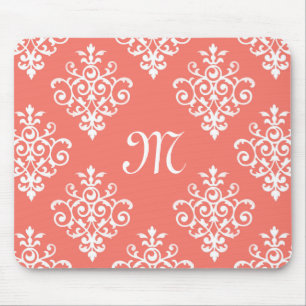 Stylish Peach Coral Damask Pattern With Monogram Mouse Pad