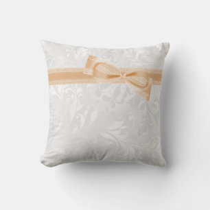 Stylish Peach Faux Bow & Ribbon & Damask Cushion
