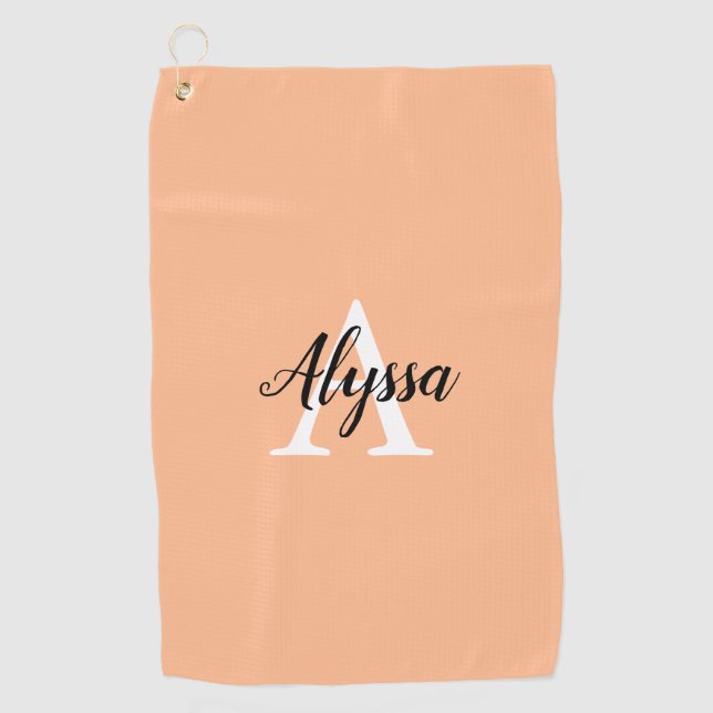 Stylish Peach Monogram Script Golf Towel (Front)
