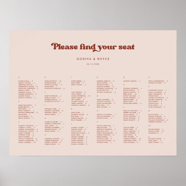 Stylish Peach Pink Alphabetical seating chart (Front)