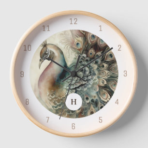 Stylish Peacock   Add Your Initial Clock