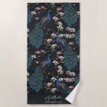 Stylish Peacock and Flower Bridesmaid Black Beach Towel<br><div class="desc">This Stylish Peacock and Flower Bridesmaid Black Beach Towel features blue and teal peacocks perched on Magnolia tree branches in full bloom, hand-drawn in black ink. Personalise with Name and Heading (all text is editable) by clicking on "Personalise this template" on the product page. For example, you could change the...</div>