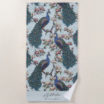 Stylish Peacock and Flower Bridesmaid Blue Beach Towel<br><div class="desc">This Stylish Peacock and Flower Bridesmaid Blue Beach Towel features blue and teal peacocks perched on Magnolia tree branches in full bloom, hand-drawn in black ink. Personalise with Name and Heading (all text is editable) by clicking on "Personalise this template" on the product page. For example, you could change the...</div>