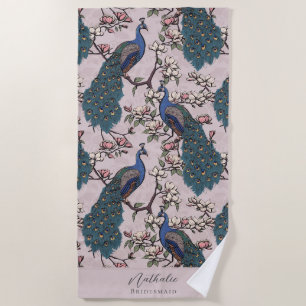 Stylish Peacock and Flower Bridesmaid Blush Pink Beach Towel