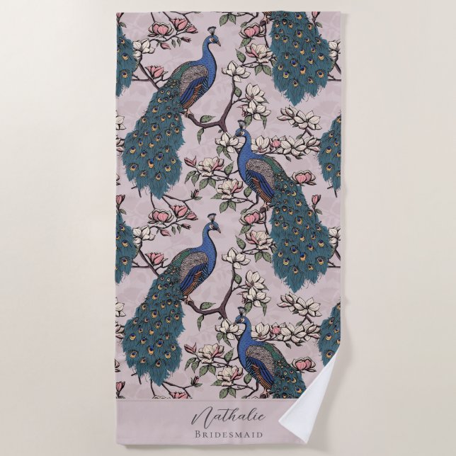 Stylish Peacock and Flower Bridesmaid Blush Pink Beach Towel (Front)