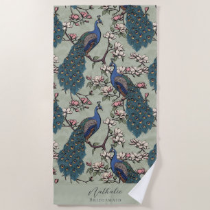 Stylish Peacock and Flower Bridesmaid Sage Green Beach Towel