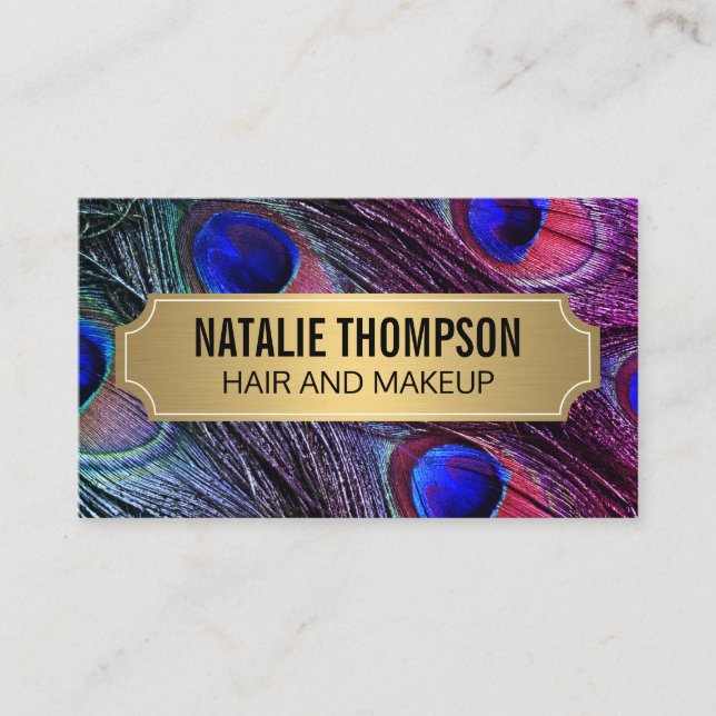 Stylish Peacock Feathers Gold Metallic Frame Business Card (Front)
