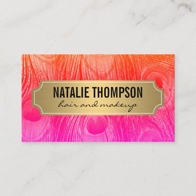 Stylish Peacock Feathers Gold Metallic Frame Business Card (Front)