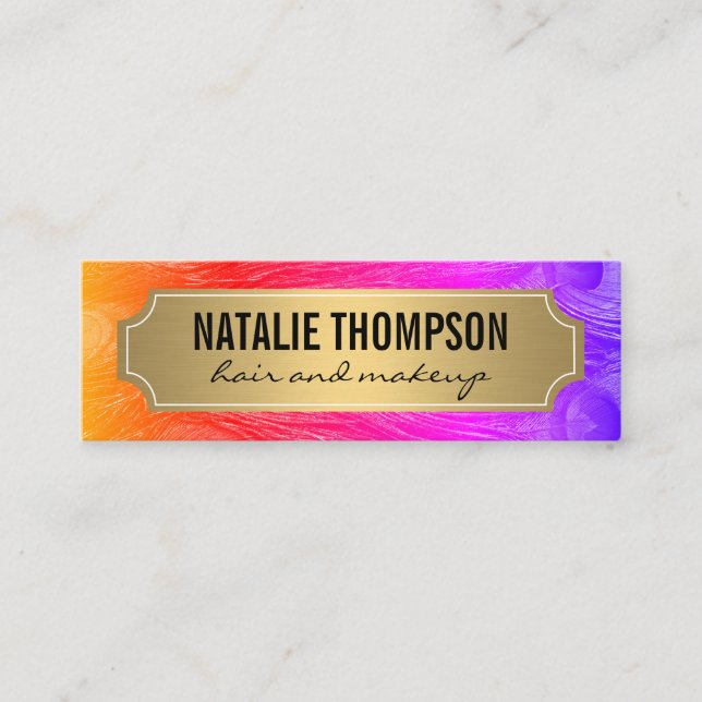 Stylish Peacock Feathers Gold Metallic Frame Mini Business Card (Front)