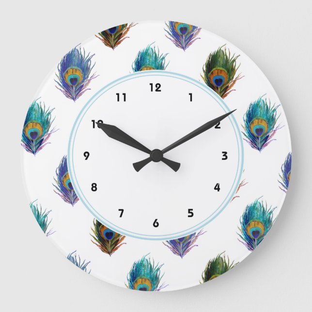 Stylish Peacock feathers pattern white wall clock (Front)