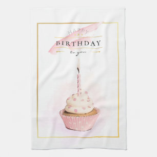 Stylish Pencil Art Pink Birthday Cupcake Tea Towel