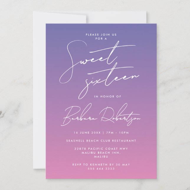 Stylish Periwinkle Purple Script Sweet Sixteen Invitation (Front)