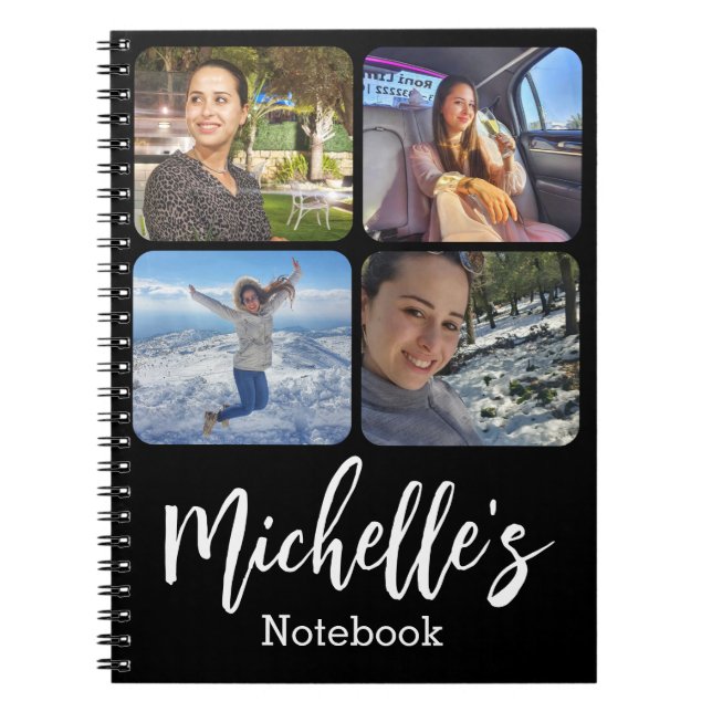 stylish  personalised 4 photos collage black white notebook (Front)
